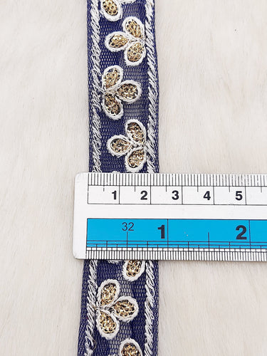 Wholesale Navy Blue Net Lace Floral Embroidery & Glitter Gold Sequins, Indian Wedding Border, Gifting Ribbon Costume Trim Fashion Trimming